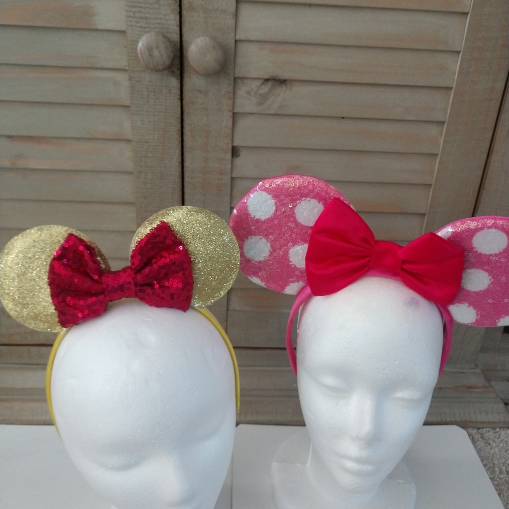 2 Pairs Minnie Mouse Ears Pink Dots Red Bow Gold Glitter